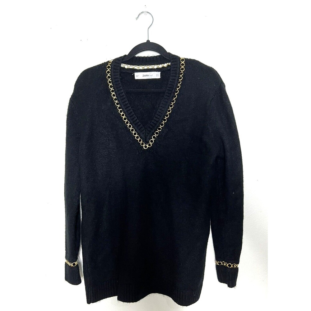 Zara Womens black KNIT pull on CARDIGAN WITH METALLIC rings size M